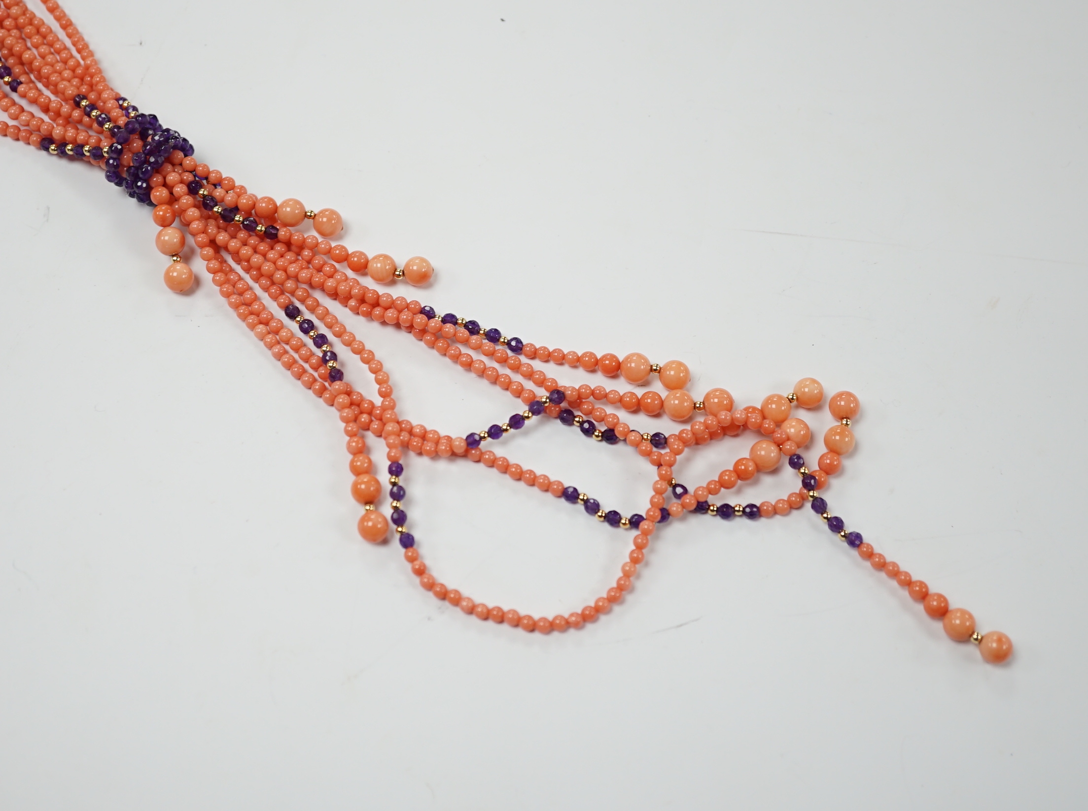 A coral, amethyst and gilt metal soutoir necklace